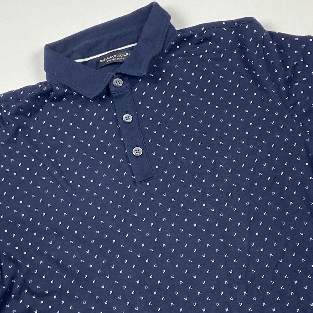 Banana Republic Luxury Touch Polo Shirt Mens L Navy & White Micro Dot Print Top